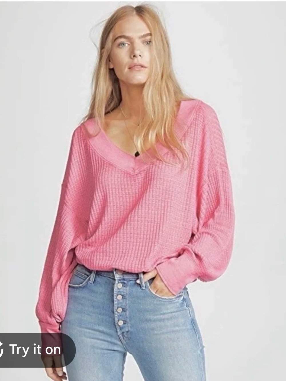 We The Free Vibrant Pink V-Neck Waffle Knit Sweater